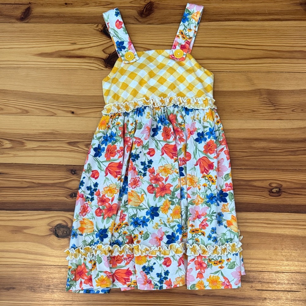 EUC Jona Michelle Yellow Checkered and Floral Kids Dress girls size 10